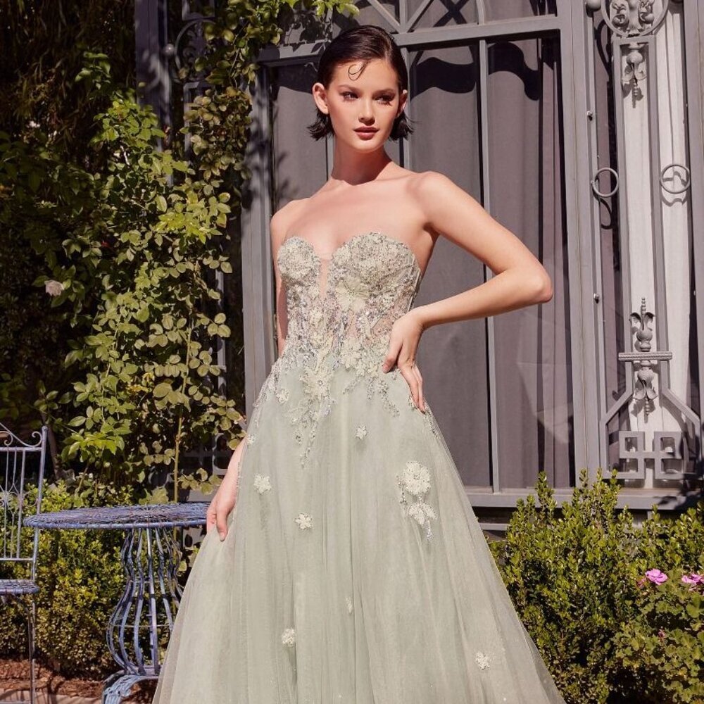 NEW FORMAL STRAPLESS FLORAL LACE EMBELLISHED MAXI A-LINE TULLE GOWN CD A1418